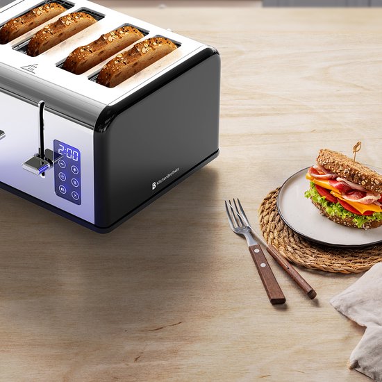 KitchenBrothers Toaster - Toaster - 6 Heizstufen - 4 extra breite Schlitze - Touch-Display - 1630W - Edelstahl/Schwarz