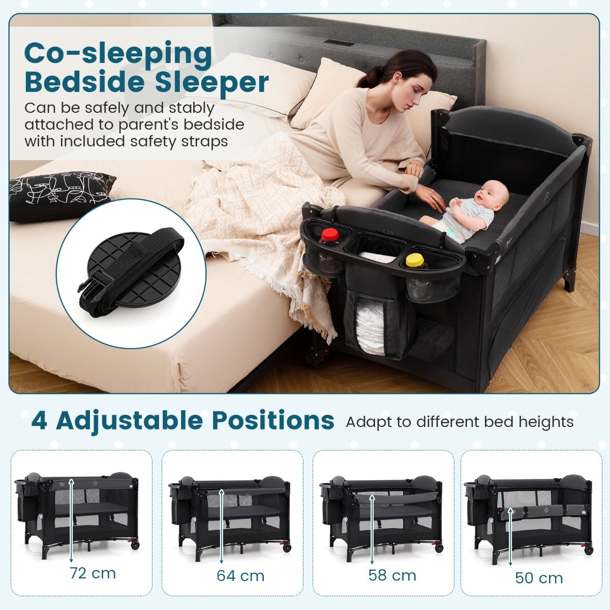 Coast 5-in-1-Babyreisebett mit 4 verstellbaren Höhen, Wickeltisch, Spielzeugstange und Tragetasche – 100 x 70 x 72 cm – Schwarz