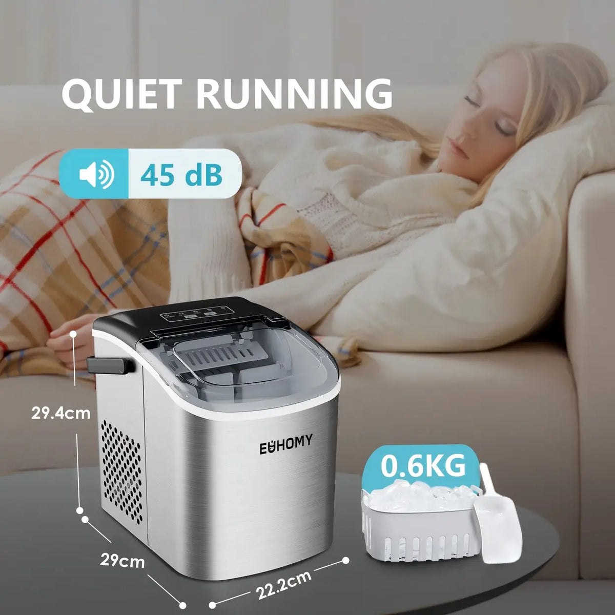 Euhomy Eiswürfelmaschine Compact – 9 Eiswürfel in 6 Minuten – 12 kg pro 24 Stunden
