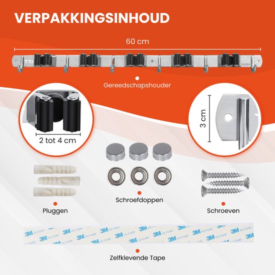 TTD® Luxe XXL Besenhalter und Besenaufhängesystem für Werkzeuge - Besenhalter selbstklebend - Werkzeughalter - Reinigung - 5 Aufhängehaken & 6 Werkzeugklammern - Aufbewahrungssystem - Gartengeräte - Handwerker - 62 CM - Edelstahl - 3M Tape Included