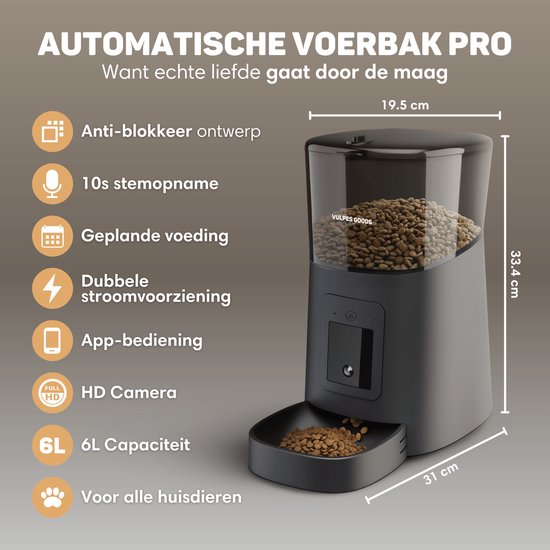 Vulpes Goods® Pets - Automatischer Futterautomat - Katze und Hund - Futterautomat mit App - Futterspender - 6L - Schwarz - PRO Version