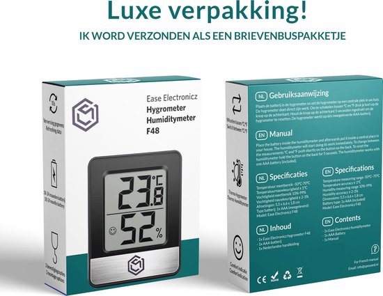 Ease Electronicz Hygrometer - Luftfeuchtigkeitsmesser - Digitale Wetterstation - Luftfeuchtigkeitsmesser - Thermometer für Innenräume - inklusive Batterie