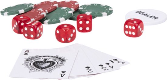 Pokerset im Aluminiumkoffer - 100 Pokerchips - Spielkarten - 5 Würfel - Dealer-Chip