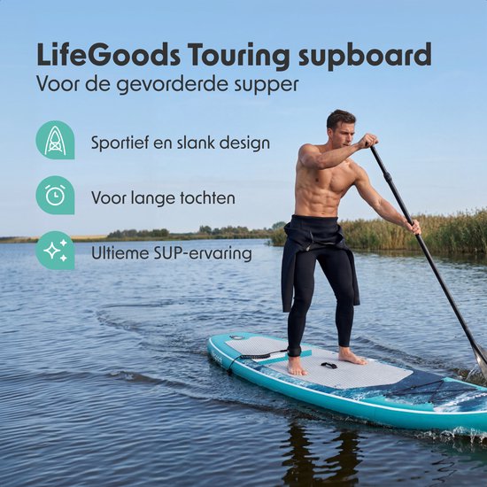 LifeGoods SUP Board Touring - 165 KG Belastbarkeit - 365 x 76 cm - Aufblasbar - Komplettes SUP Paket - Dunkelblau