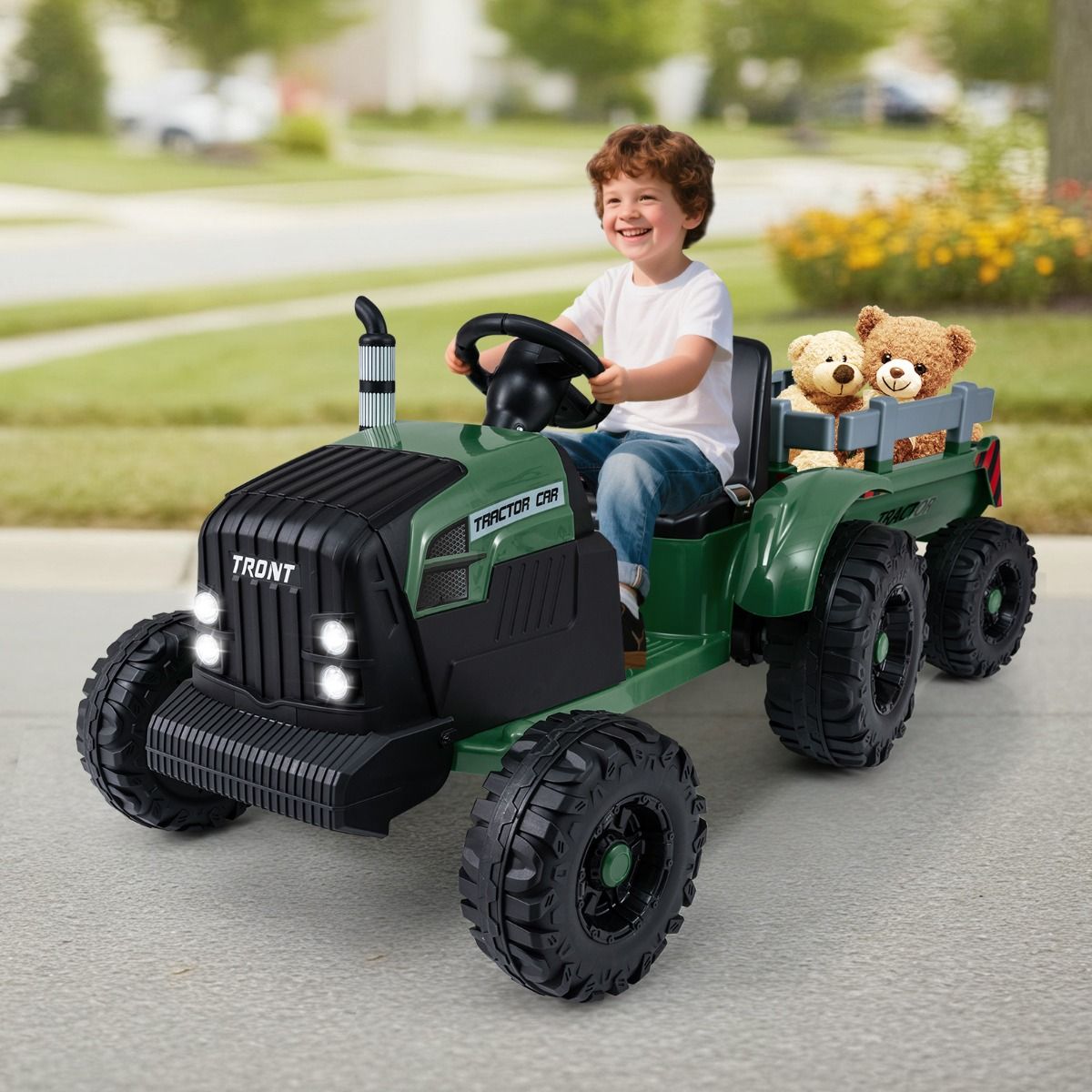 Coast Elektrischer Kindertraktor mit Anhänger – Doppelmotor – Fernbedienung – Dunkelgrün
