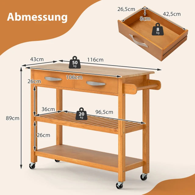 Coast Kitchen Trolley Wood - Mobiles Küchenregal mit 2 Schubladen und 2 Ablagen - 106 x 43 cm