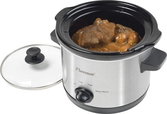Bestron Slowcooker, mit 3 Programmen, Keramikpfanne & Glasdeckel, für 2 Personen, 1,5L Fassungsvermögen, spülmaschinenfest, 120 Watt, Farbe: silber
