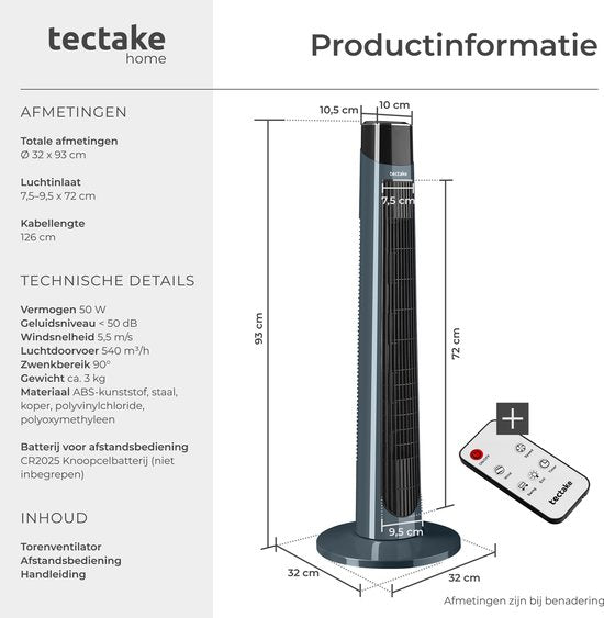 tectake® Turmventilator Arktis – Großer Standventilator mit Fernbedienung – 3 Stufen – Timer – 90°-Schwenkfunktion – Oszillierend – Lüfterflügel – Säulenventilator – Anthrazit