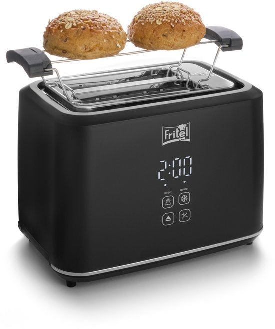 FRITEL Toaster TO 2995 – Stilvoller Toaster – 2 Schlitze – 7 Bräunungsstufen – 850 W – Touch-Display – Mattschwarz – Herausnehmbare Krümelfangschale + Brötchenaufsatz