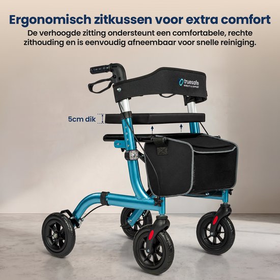 TrueSafe Rollator, leicht und zusammenklappbar (6,9 kg) – Für drinnen und draußen – Inkl. ergonomischem Sitzkissen, Beleuchtung, Rückenlehne, Gehstockhalterung und mehr – Blau