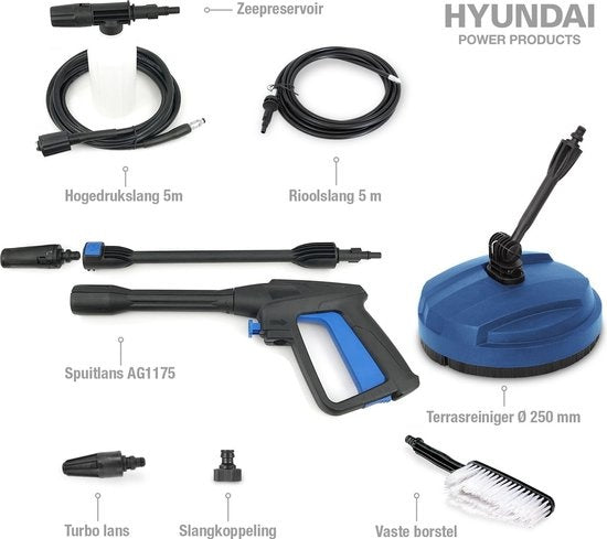 HYUNDAI Hochdruckreiniger 1500W - Komplettes Deluxe-Set - 360 L/Stunde - Inklusive zahlreichem Zubehör - Düsen - Terrassenreiniger - Seifenbehälter