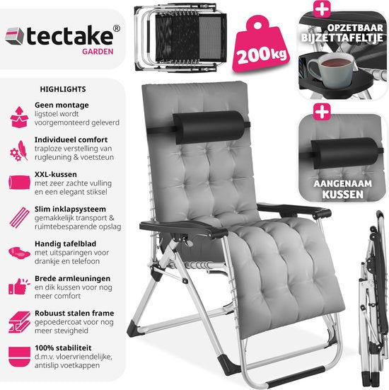 tectake - Liege - mit Kissen - für Balkon & Garten - bequem - bis 200 kg - Grau