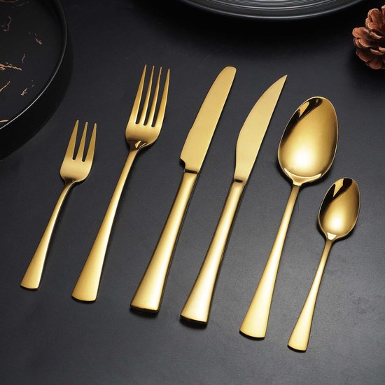 Deleca 6-Personen-Besteck-Set Harmony - Löffel, Messer, Gabeln, Steakmesser & Kuchengabeln - spülmaschinenfest - Weihnachtsgeschenk-Besteck - Gold/Edelstahl