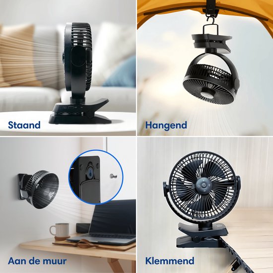 Vulpes Goods® Tech - Tischventilator MAX - Ventilator - Wiederaufladbar & kabellos - Leiser USB-Ventilator mit Fernbedienung - 5 Geschwindigkeiten & Beleuchtung - Ultraleise - 12000 mAh & Powerbank-Funktion - Schwarz