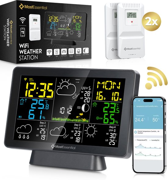 MostEssential Wetterstation Wifi Edition - Drahtlose Wetterstation mit Außensensor - Hygrometer - Innen und Außen - 150 Meter Reichweite - Inklusive App - Schwarz - 2 Sensoren
