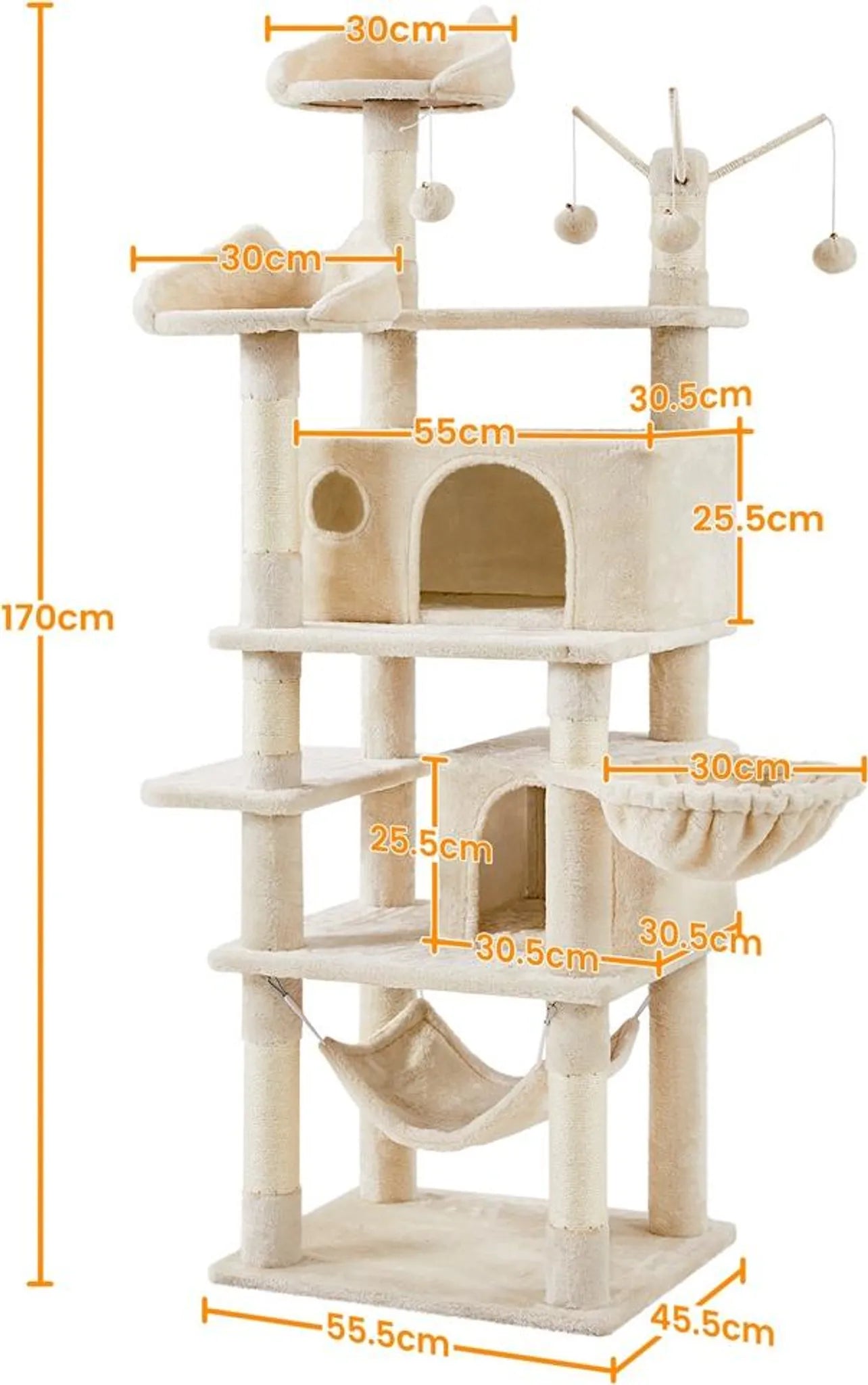 Yaheetech Kratzbaum 170 cm – Beige – XL – 5 Ebenen – 2 Katzenhöhlen – Hängematte – 7 Sisalstangen