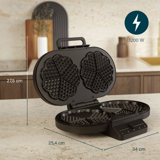 Princess 132384 Doppel-Waffeleisen – 10 herzförmige Waffeln – 1200 W – Einstellbarer Thermostat – 5 Stufen – Antihaftbeschichtung – PFAS-frei – Schwarz – Gaufrier