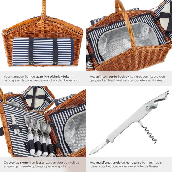 tectake - Komplettes Picknickkorb-Set Vlieland - Luxuriöses 23-teiliges Picknick-Set für 4 Personen - Weiden-Picknickkorb mit Picknick-Teppich - Inklusive Kühlbox, Set mit Tellern, Kunststoff-Weingläsern und Edelstahl-Besteck