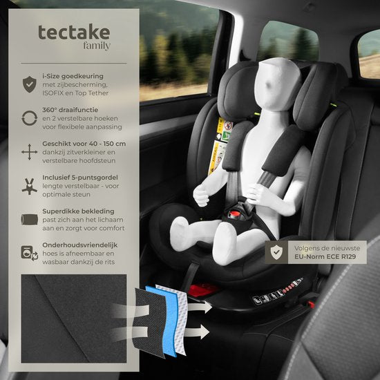 tectake Auto-Drehsitz - Babyschale - i-Size-Zulassung - Isofix-Autositz - Sitzerhöhung - Autokindersitz - 5-Punkt-Gurt - Von Geburt bis 150cm/36kg