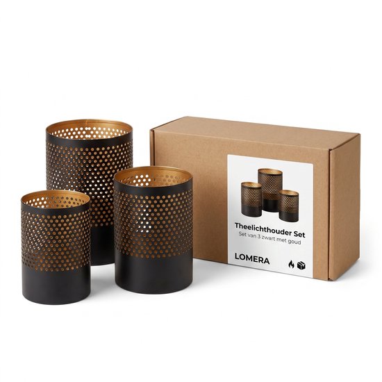 Lomera Teelichthalter, 3er-Set – Teelichthalter in Schwarz mit Gold – Windlicht aus Metall – Kerzenhalter für das Wohnzimmer – Stimmungslicht für die Tischdekoration – Perforiertes Metall für eine stimmungsvolle Kerzendekoration