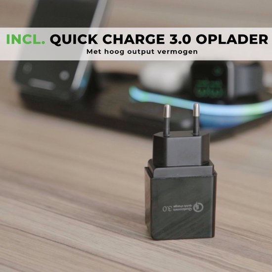 iSetchi Wireless Qi Charger 15 Watt Schnellladegerät (4-in-1) - Mit Quick Charge 3.0 Adapter, LED Uhr & LED Lampe - Qi Ladestation
