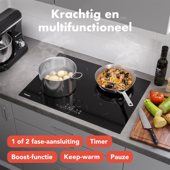 KitchenBrothers Induktionskochfeld - Einbau-Induktionskochfeld - 70 cm - 4 Zonen - 1 und 2 Phasen - bis zu 2300W - Schwarz