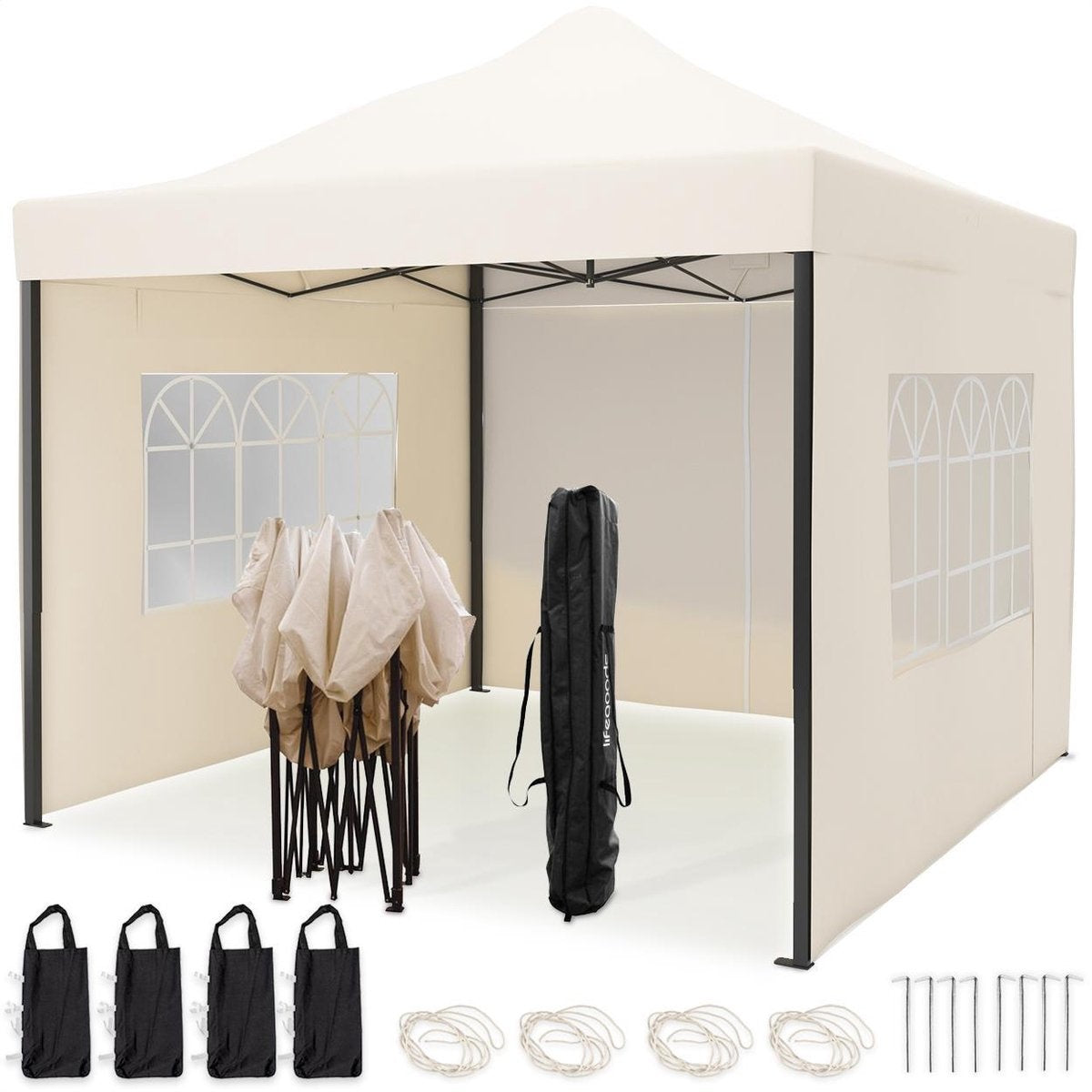 LifeGoods Partyzelt Pavillon - 3x3 m - Mit Seitenwänden - Leicht aufbaubar - Faltbar - Wasserdicht - Inkl. Tragetasche mit Rädern - Beige
