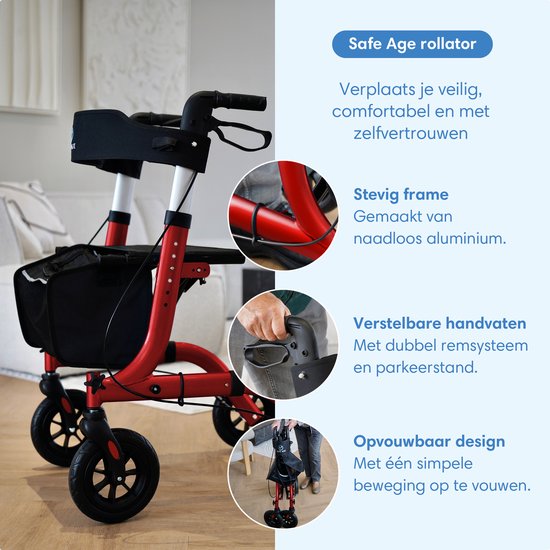 Safe Life® Rollator - Leicht und faltbar - Sitzfunktion - Für den Innen- und Außenbereich - Rückenlehne und Gehstockhalterung - Rot