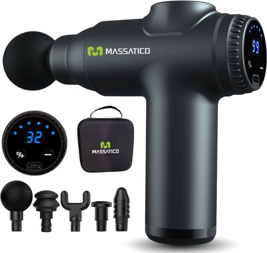 Massatico Massage Gun Compact – Professionelles und leistungsstarkes Massagegerät – Massagegerät, Massagegun, Massagepistole – Schwarz – 5 Aufsätze – 32 Stufen – Mit Koffer