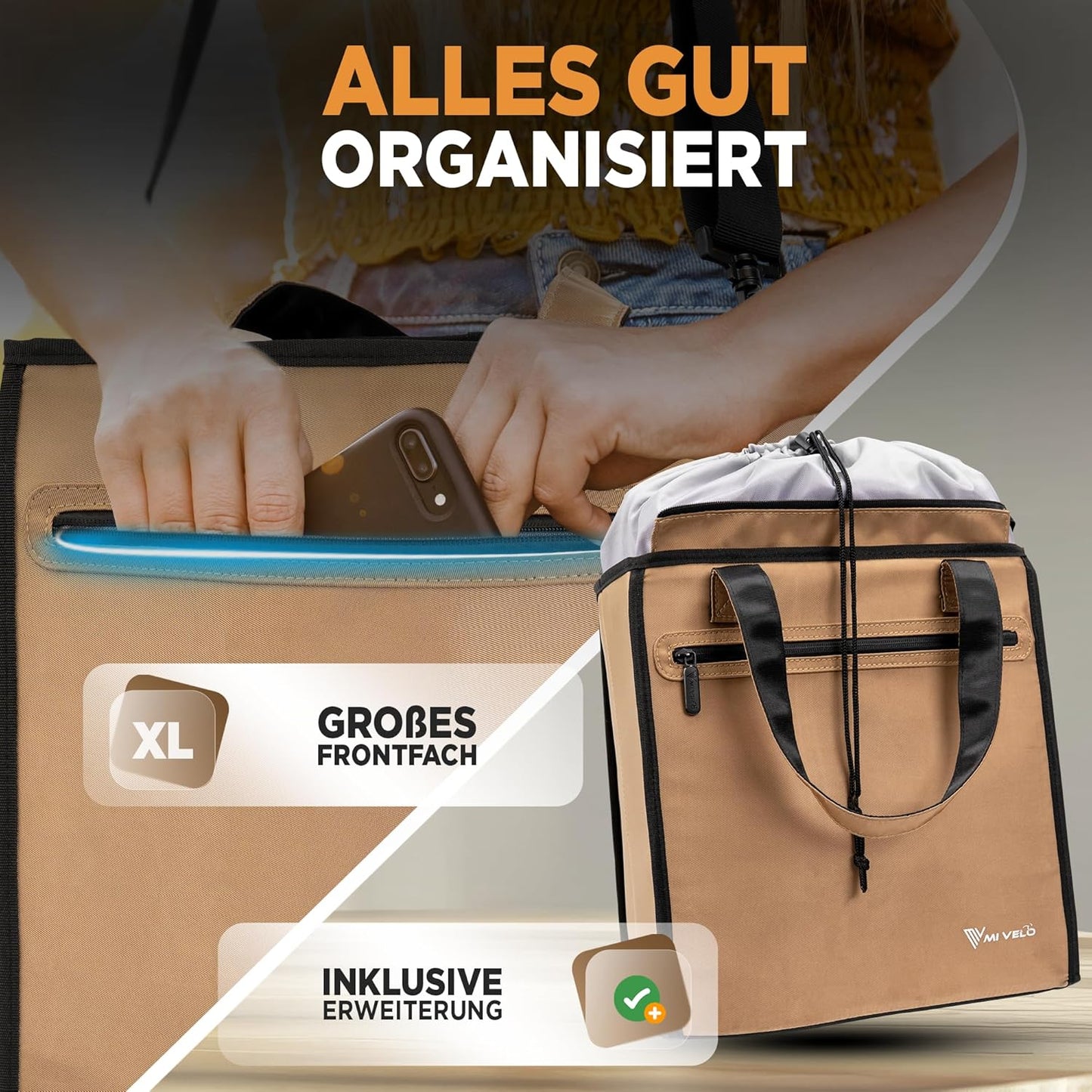 MIVELO Fahrradtasche zum Einkaufen - Inklusive abnehmbarer Kühltasche - 25 Liter - 40 x 30 x 7 cm - Beige