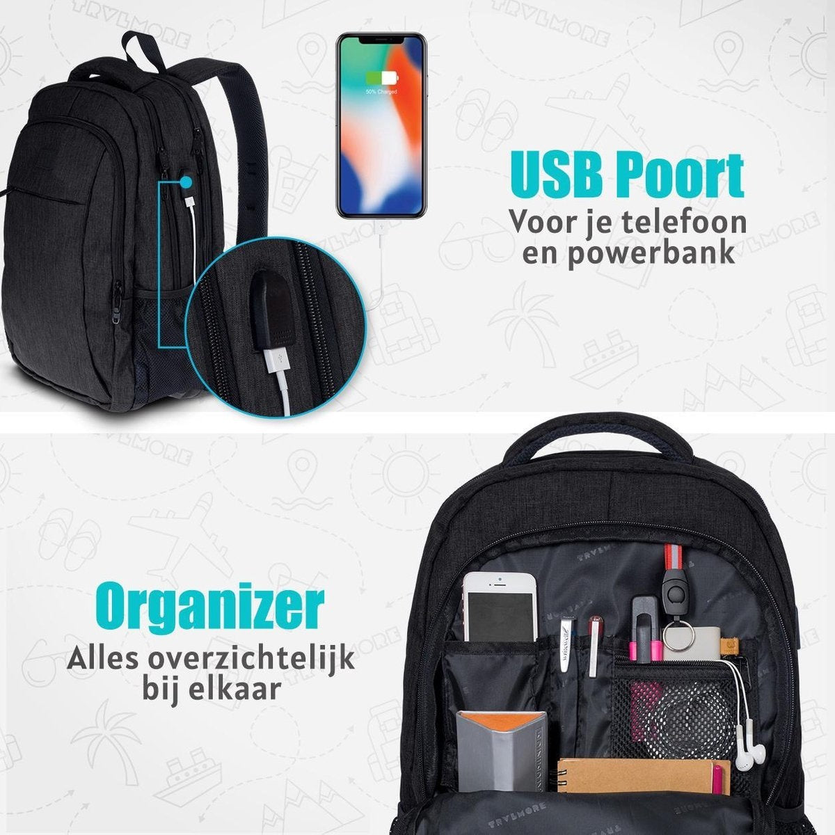 TRVLMORE Rucksack - 36L - 17.3 Zoll - Laptop-Rucksack - Schultasche - Unisex - Spritzwassergeschützt Schwarz