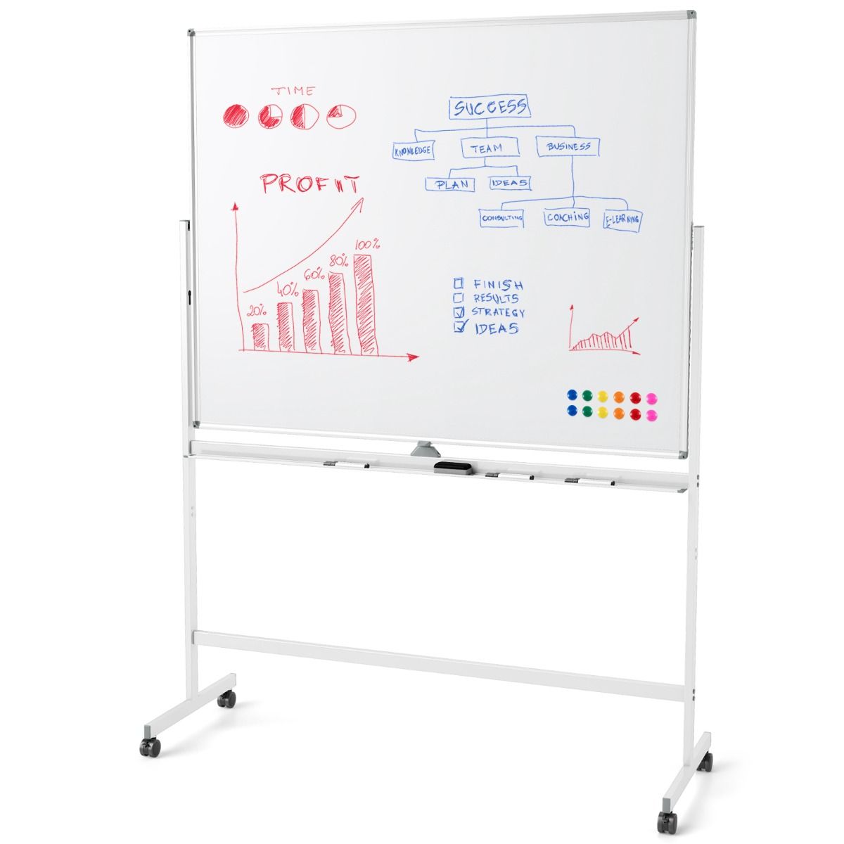 Coast Mobiles Whiteboard – Doppelseitige Magnettafel – Höhenverstellbar – Mit Rollen – Weiß 150 x 120 cm