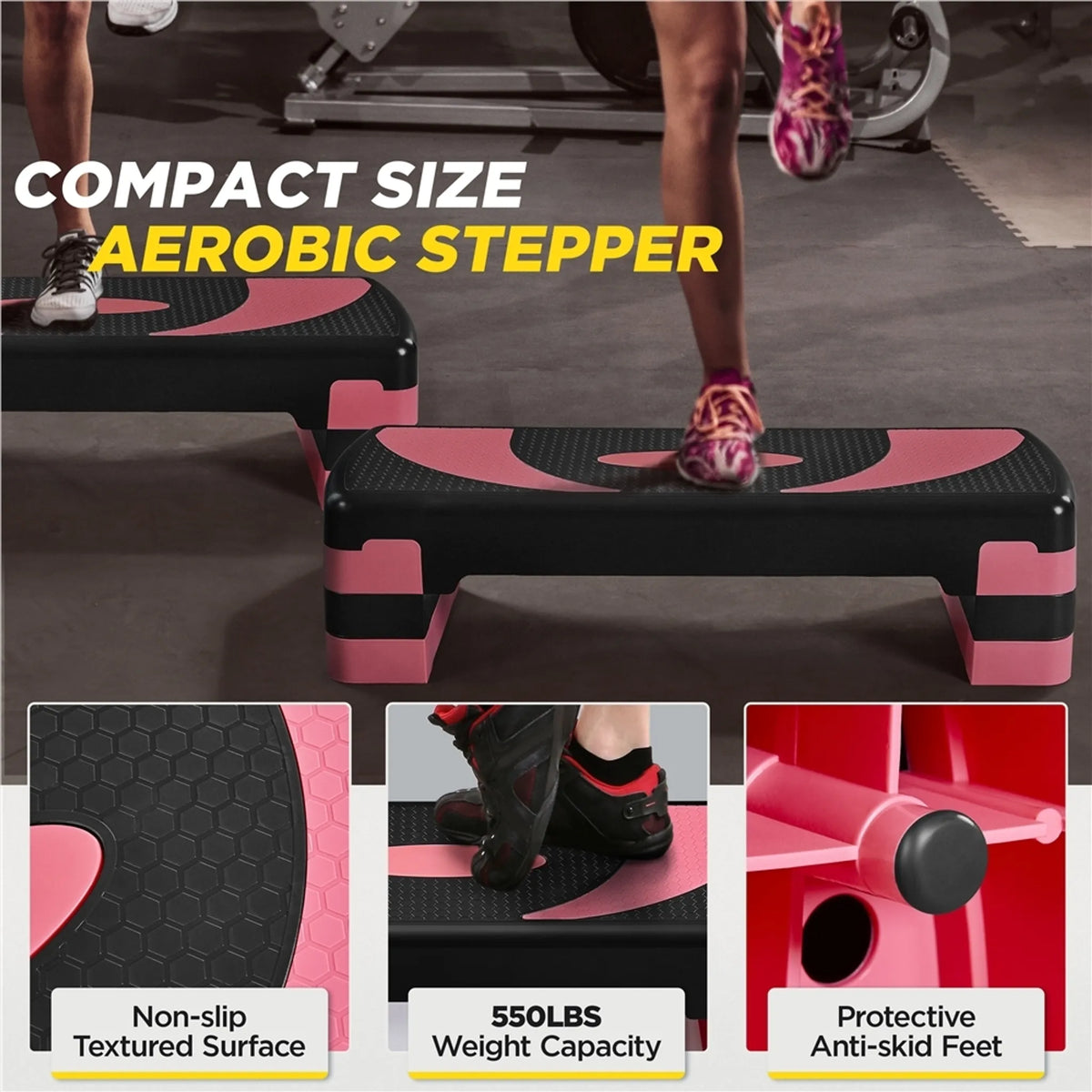 Yaheetech Aerobic Stepper einstellbar - 79,5 x 30 x 20 cm - Features 3 Höhenverstellungen und rutschfeste Oberfläche und Gummi-Schutzfüße - für Home Gym und Fitness-Training - Schwarz und Rosa Kunststoff