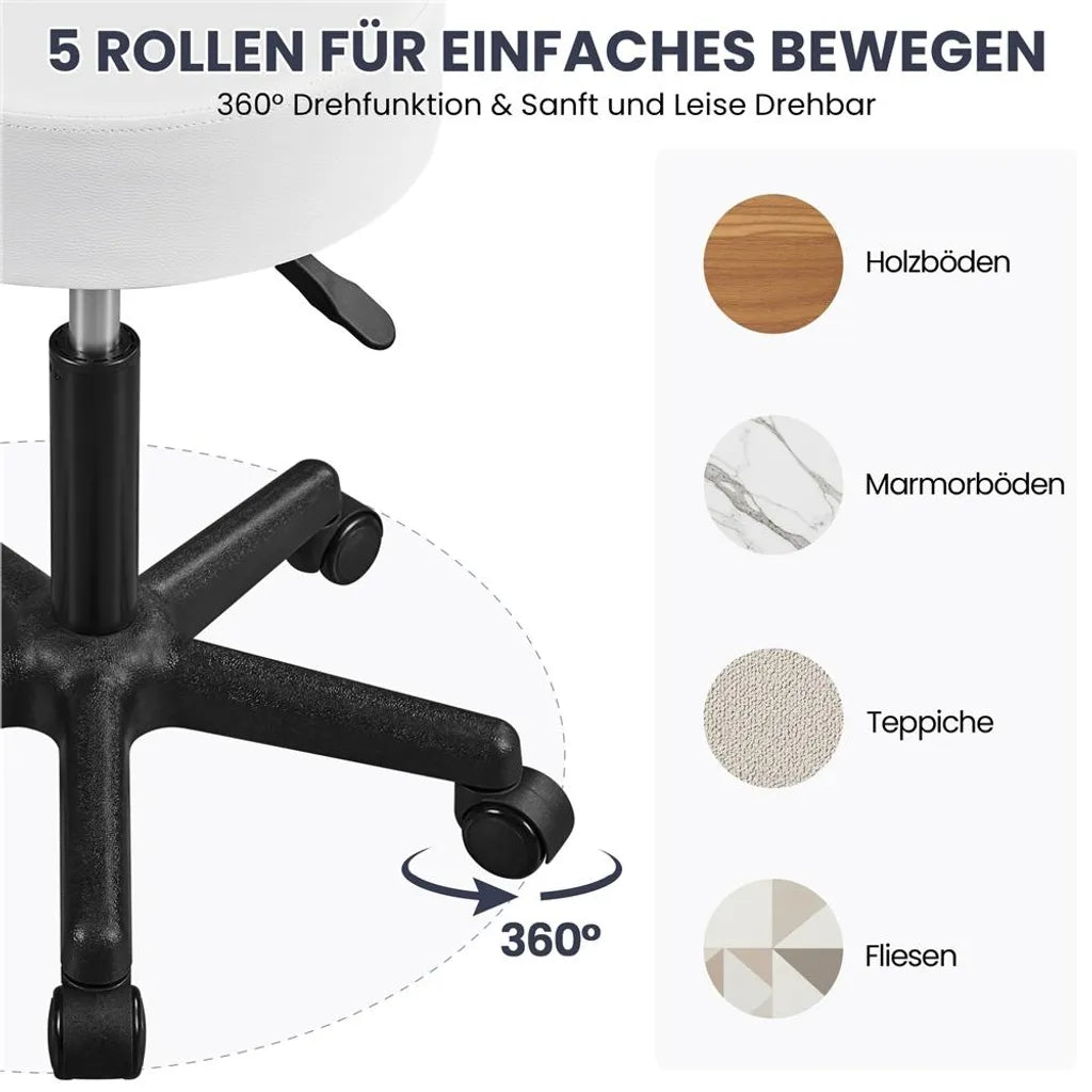 Yaheetech Rollhocker 50 × 50 × 46-61,5 cm - Weiß - Verstellbarer Drehhocker mit Rädern und 150 kg Belastbarkeit