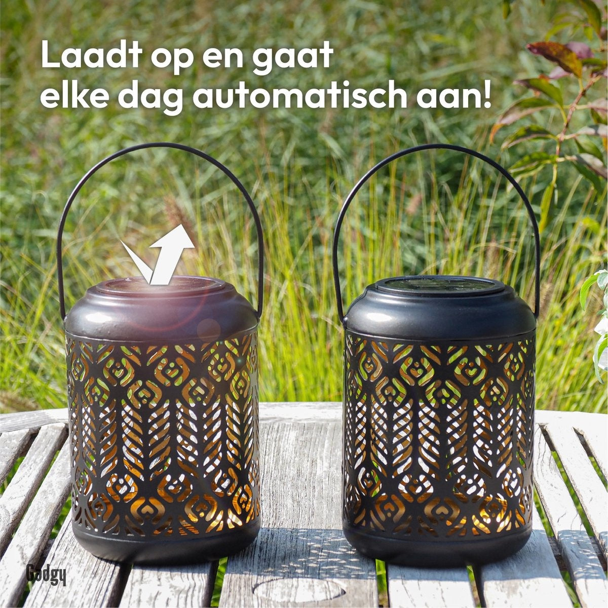 Gadgy Solar Laterne Pfau - 2er Set - Schwarz/Gold - Metall - Solar Gartenbeleuchtung - Led Außenbeleuchtung mit Tag/Nacht Sensor - Tischlampe - Hängelampe - Gartenlaterne - 27 x Ã˜ 12,5 cm