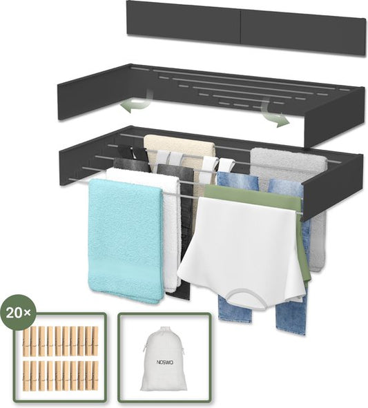 Noswo Zusammenklappbarer Wäscheständer - Wandtrockner - Inklusive 20 Wäscheklammern - Hängender Wäscheständer - Zusammenklappbar - Wand - Aufhängbar - 4m Trocknungslänge - Schwarz