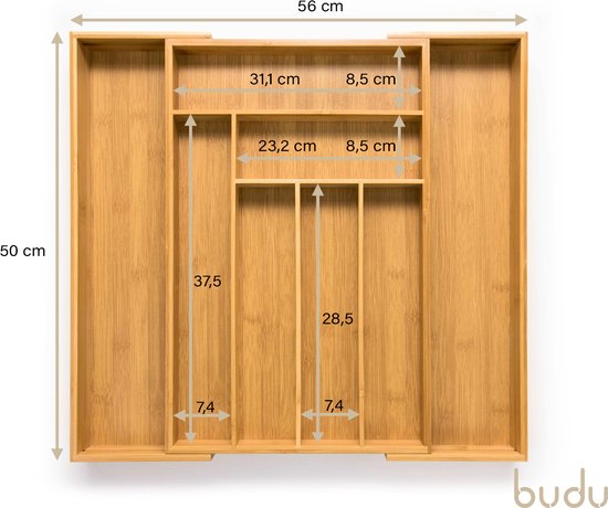 Budu - Erweiterbare Bamboo Besteckkassette - Besteckschublade - 50 x 34.1 x 56 cm - 6/8 Fächer - Holz