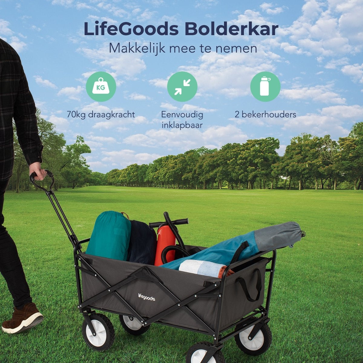 LifeGoods Wagon - faltbar - drehbare Räder - 2 Ständer - 70KG Tragfähigkeit - Grau