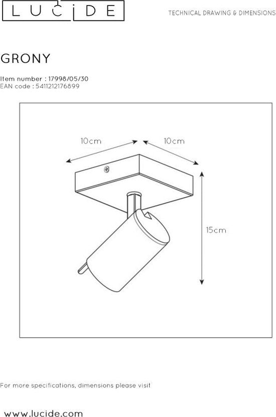 Lucide GRONY – Deckenstrahler (Deckenleuchte) – LED „Dim to warm“ – GU10 – 1×5 W 2200 K/3000 K – Schwarz