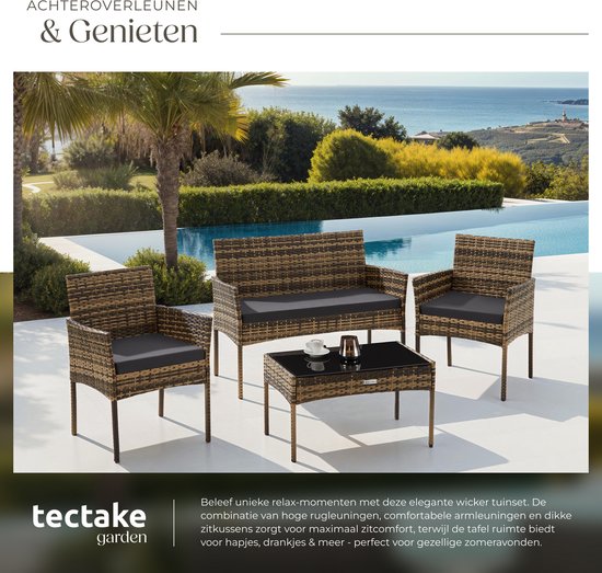 tectake® - Geflecht-Gartenset Palese - Sitzgruppe für 4 Personen - Gartenmöbelset mit Loungebank, Gartentisch und 2 Gartenstühlen inklusive Sitzkissen - Gartenmöbel - Wasserfest - Grau