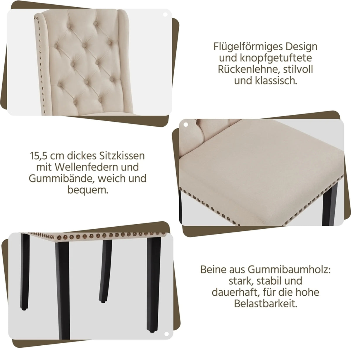 Esszimmerstühle, 2er-Set, Vintage, gepolstert, mit Holzbeinen und Ziernägeln, beige