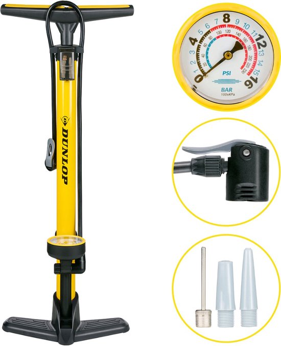 Dunlop Fahrradpumpe mit Manometer - Fahrradpumpe für Dunlop, Schrader und französische Ventile - Standpumpe inkl. Adapter für Wasserspielzeug und Bälle