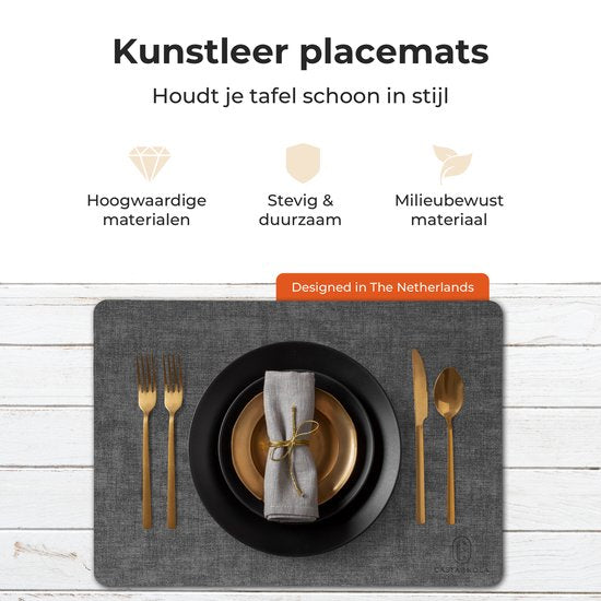 Castagnola Tischsets in Lederoptik - Rutschfeste Tischsets aus Kunstleder - Wasserabweisende Untersetzer - Untersetzer - Plastik Tischsets - 6 Stück - 45 x 30 cm - Melange Schwarz
