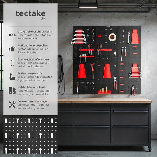 tectake 6-teilige Metall-Werkzeugwand - 240 x 60 cm - Lochblech - Werkzeughalter-Set inklusive Haken - Wandregal-System für Werkbank, Garage, Werkzeug - Werkstattausrüstung - Werkzeugtafel - Stecktafel