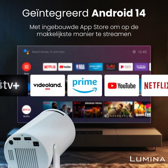 Lumina® Pro Mini Beamer 2026 - Android 14 Smart Projektor mit Google Playstore - Heimkino - Für iOS & Android - WiFi 6 & Bluetooth 5.4 - Weiß