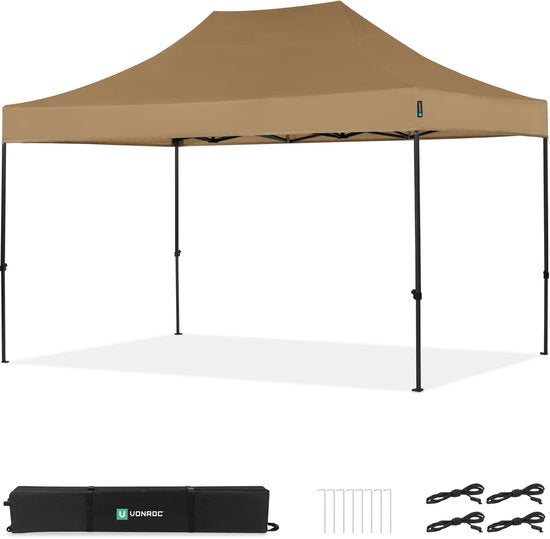 VONROC Partyzelt – 3 x 4,5 m – Premium-Easy-Up-Partyzelt – Modulares Design – Zusammenklappbar – Wasserdicht – Stahlrahmen – UV-Schutz 50+ – Inkl. Aufbewahrungstasche – Beige