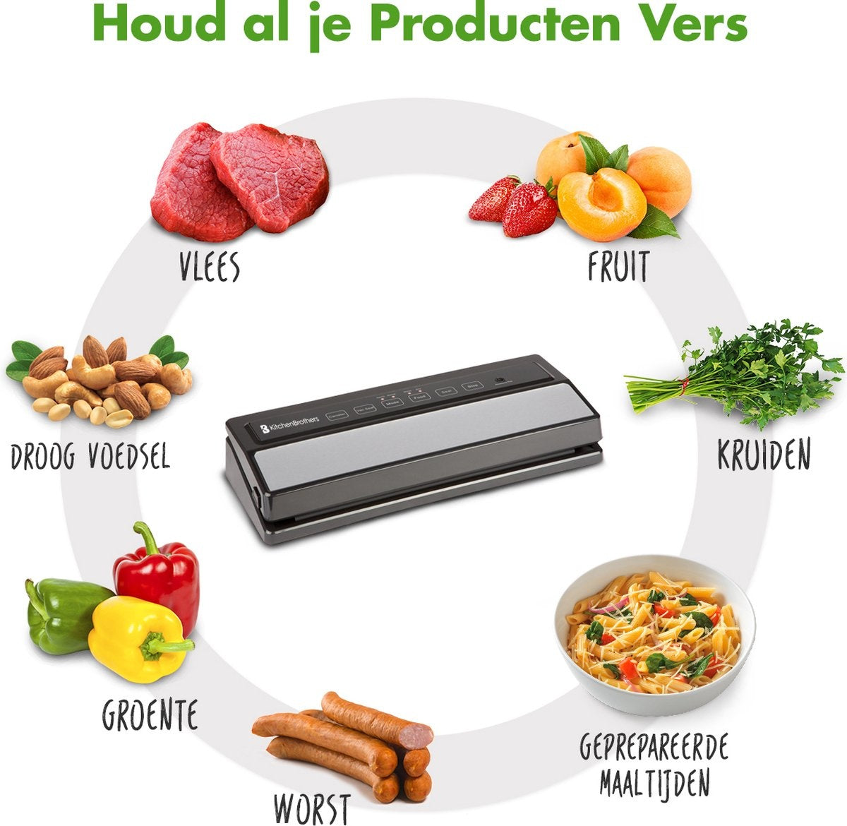 KitchenBrothers Vakuumierer - 4 Einstellungen - Inkl. Folienrolle, Vakuumbeutel und Vakuumschlauch