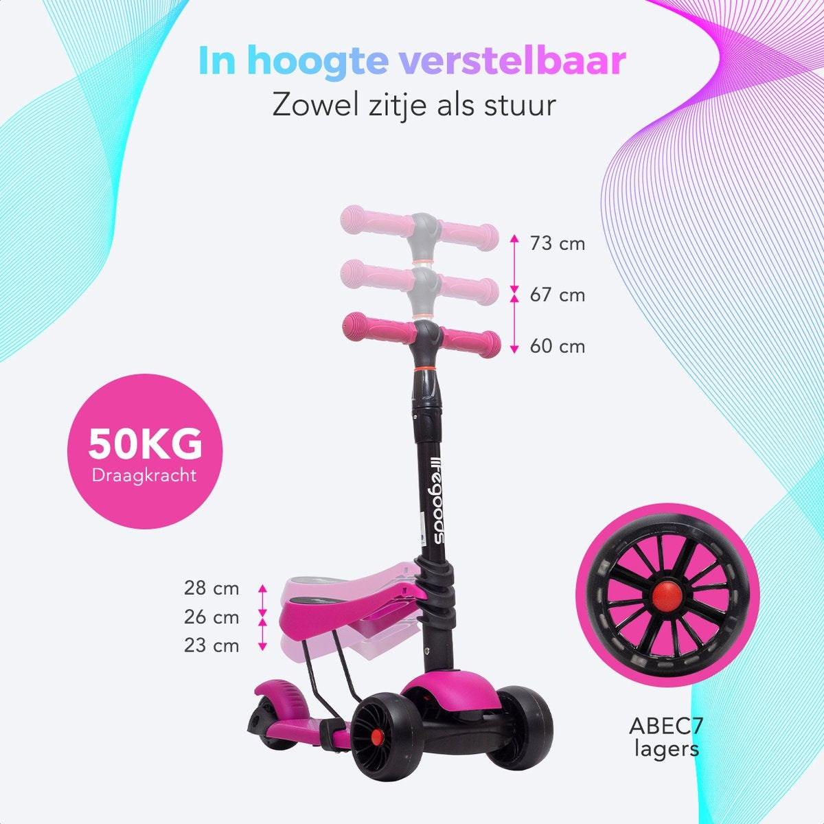 LifeGoods MultiRider Kinder-Roller - Stufe 3-8 Jahre - verstellbarer Sitz - leuchtende Räder - Jungen/Mädchen - Pink