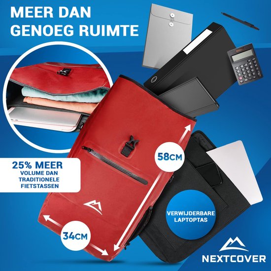 NEXTCOVER® NEW 3-in-1 Fahrradtasche für Gepäckträger [Aquashield] - Reflektierende Gepäcktasche wasserdicht - Rucksack und Umhängetasche [25 Liter]- Rot