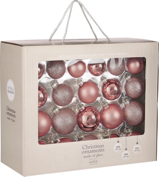 Mica Decorations Weihnachtskugeln-Set – 42 Stück – Ø 7 cm – Glas – Rosa